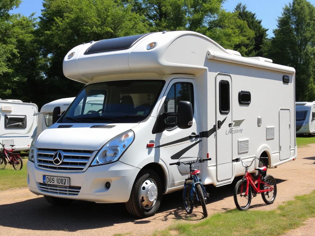 Großes Alkoven-Wohnmobil auf einem Campingplatz mit Kinderfahrrädern