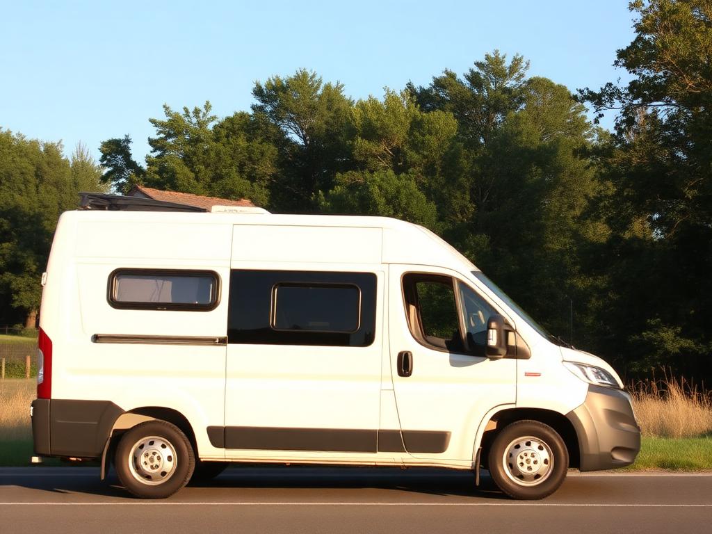 Weißer Kastenwagen als Wohnmobil an einer Landstraße