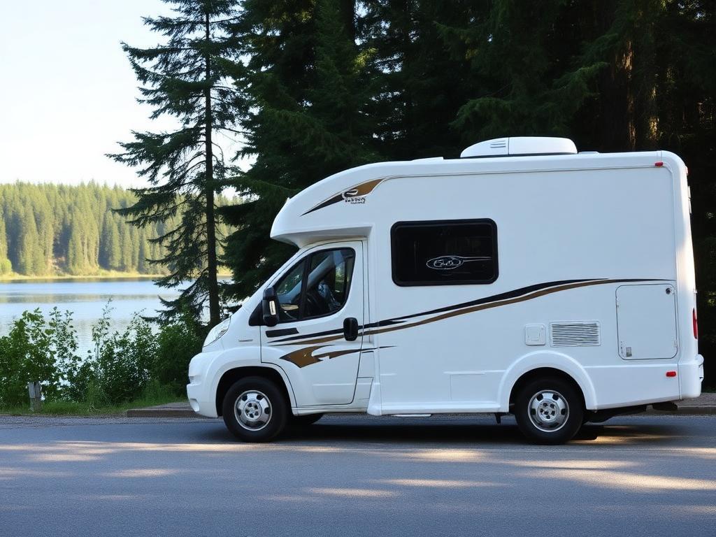 Teilintegriertes Wohnmobil am Waldsee geparkt