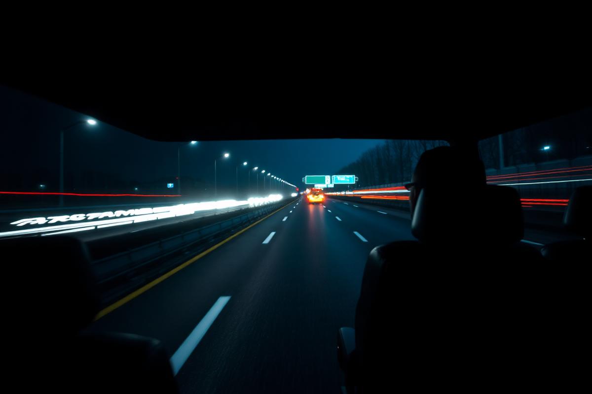 Nächtliche Fahrt auf der Autobahn aus dem Innenraum eines Shuttle-Fahrzeugs
